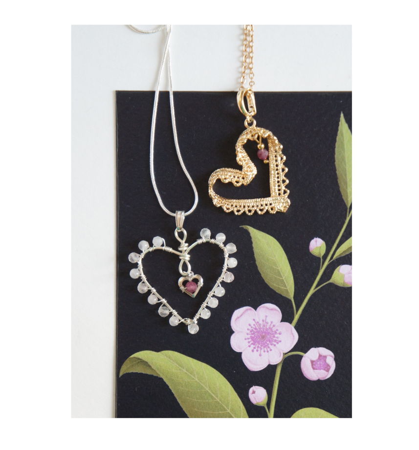 Кулон сердце в сердце плетеный с розовым кварцем и рубином