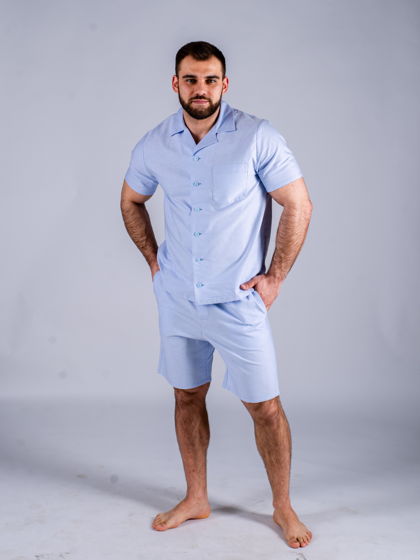 Мужской комплект из хлопка и льна с шортами и рубашкой "Светло-голубой"