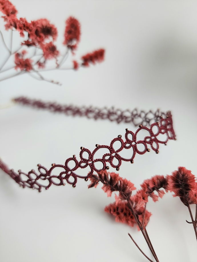 Чокер бордовый, плетеный женский чокер фриволите