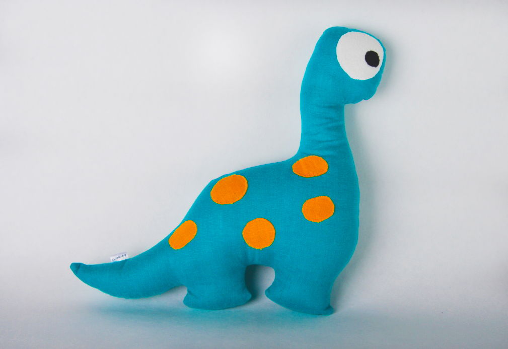 Подушка игрушка "Динозавр голубой ручной работы изо льна"