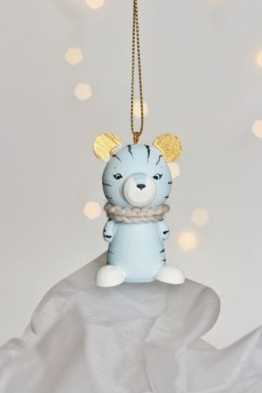 Авторская декоративная елочная игрушка из дерева "Тигрёнок в шарфике" в голубом