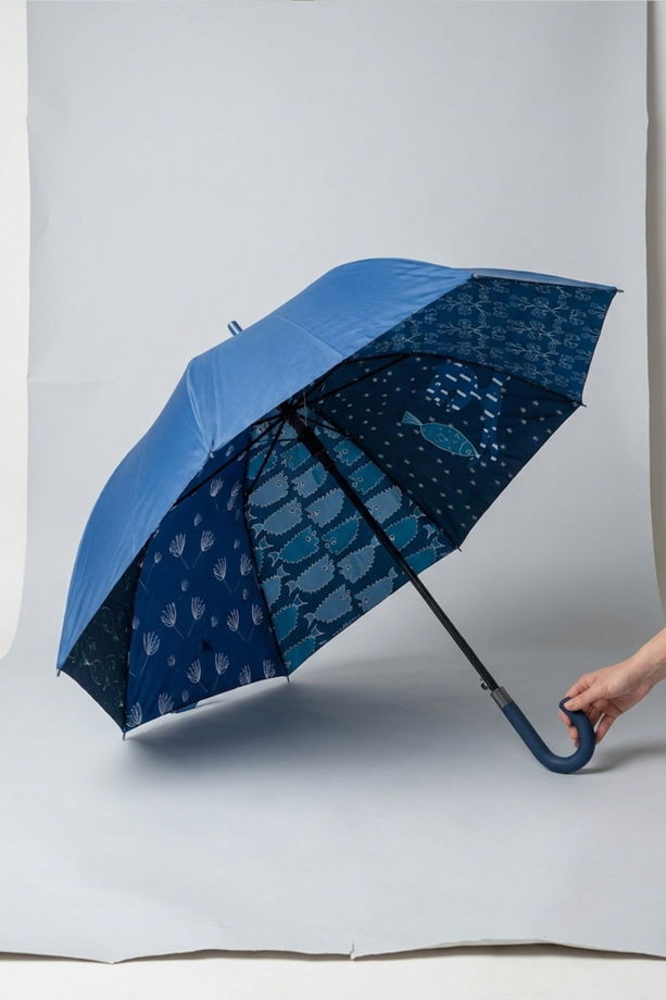 Двусторонний зонт Синий коллаж из 8 авторских картинок на синем фоне