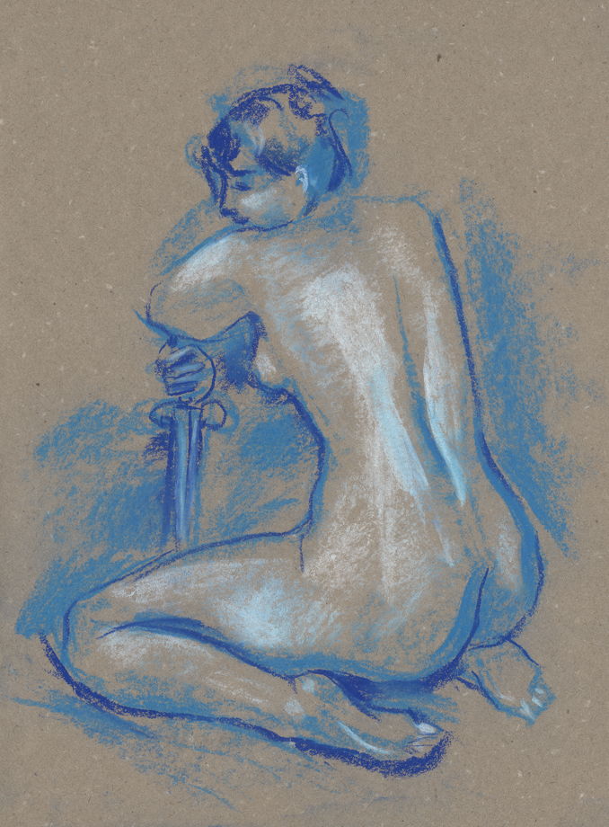 Обнаженная натура в голубых тонах - девушка с мечом. Интерьерная картина в раме с паспарту.