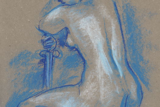 Обнаженная натура в голубых тонах - девушка с мечом. Интерьерная картина в раме с паспарту.