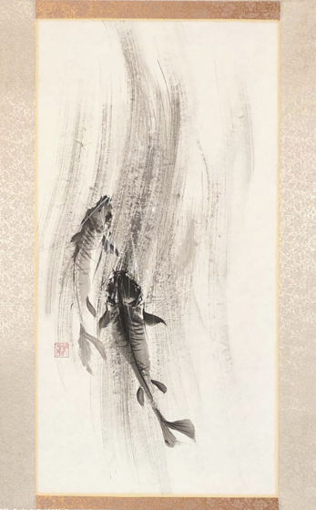 "Вверх по течению", картина в стиле японской живописи тушью, шелковый свиток (110x50 см)