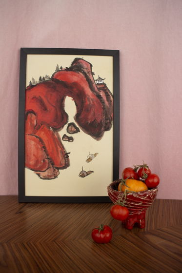 "Красные скалы", картина в традиционном китайском стиле се-и   (размер 22 * 35 см)