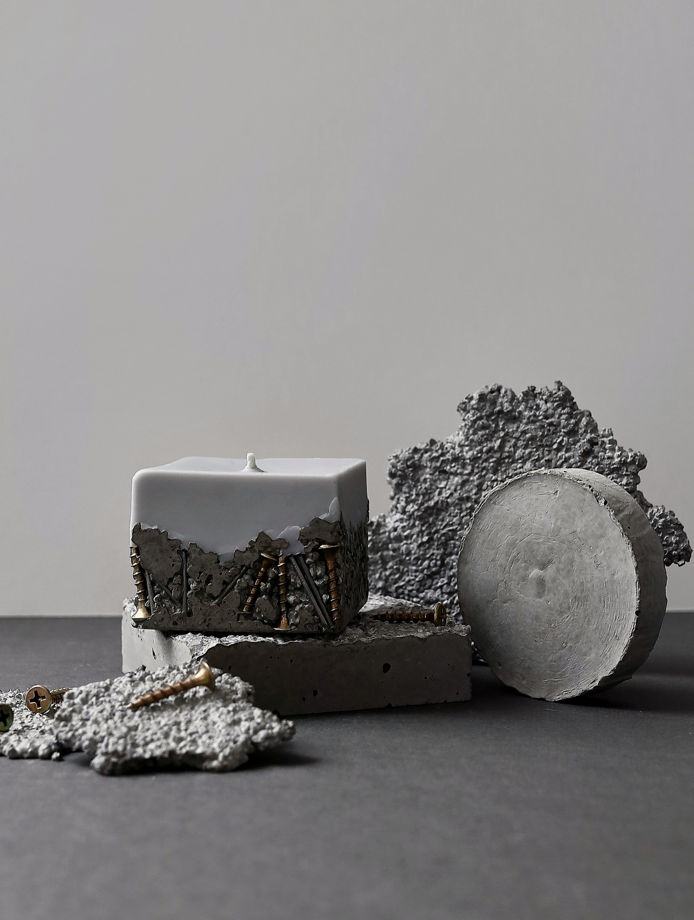Свеча ручной работы серая из натурального воска с бетонным основанием украшена гвоздями,с ароматом"Кожа&Сандал"