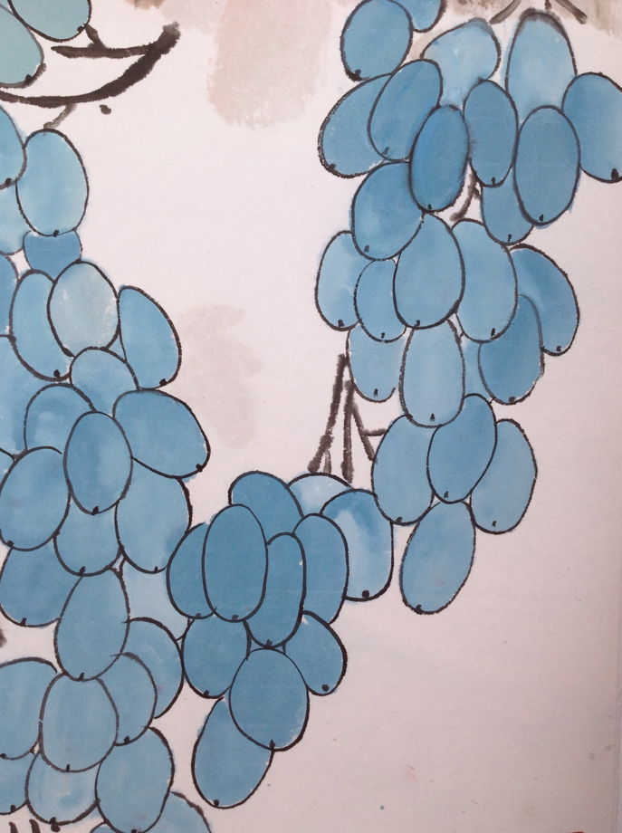 "Голубой виноград", картина-свиток в традиционном китайском стиле се-и   (35 * 108 см)