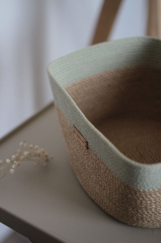 Прямоугольная корзина ручной работы из натурального джута и хлопка фисташкового цвета