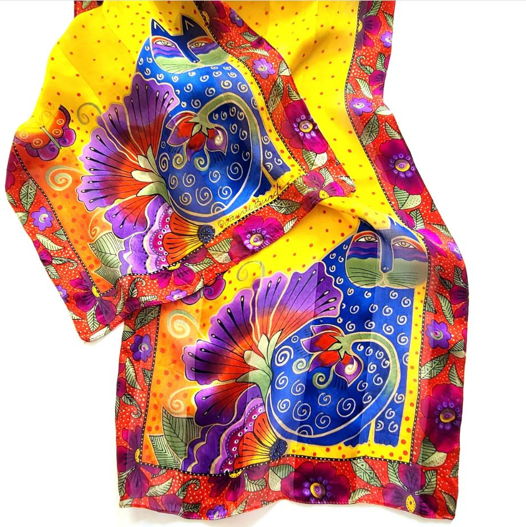 Шёлковый шарф Laurel Burch Цветочный кот 100% шёлк