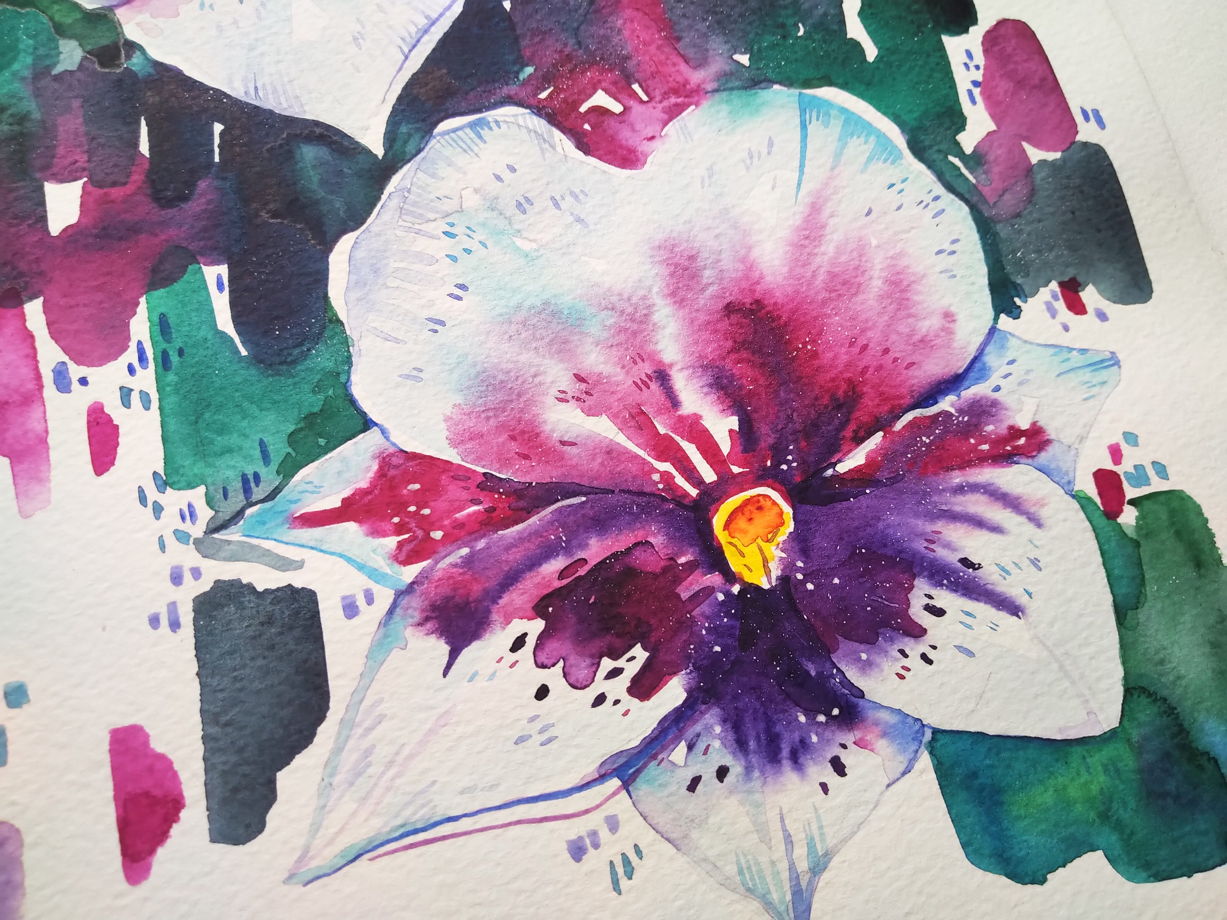 Картина акварелью "Фиолетовые орхидеи"