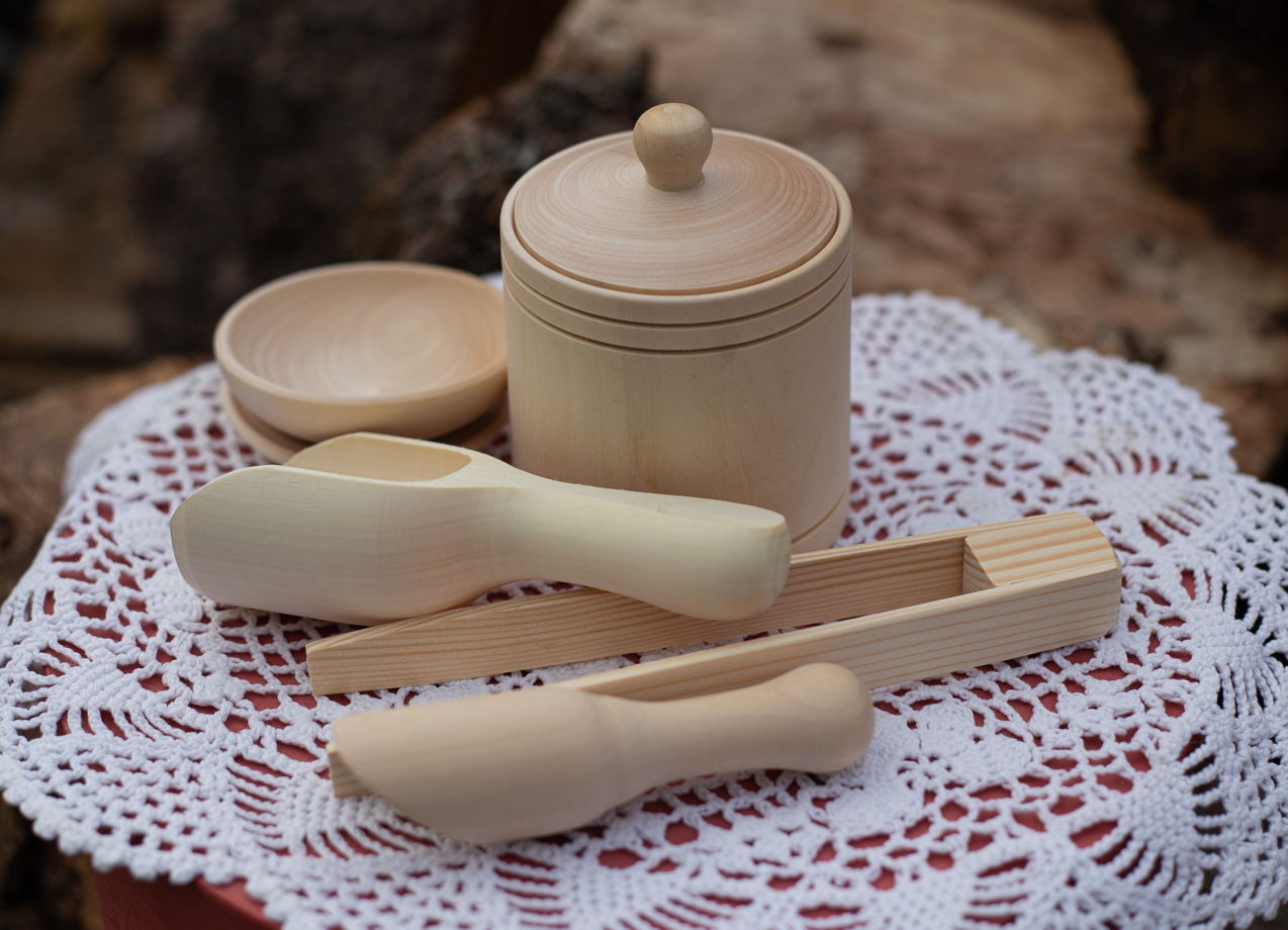 Набор посуды/заготовки деревянные для кухни детской с пинцетом и совком