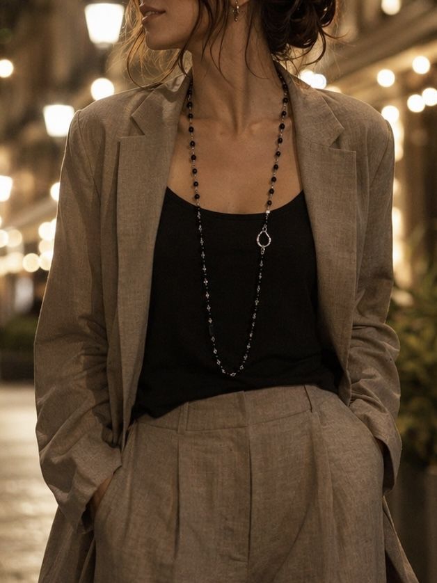 Сотуар / колье длинное из черного агата унисекс