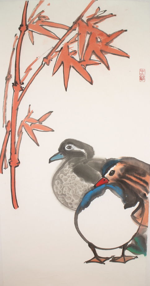 "Осенние утки-мандаринки", картина в традиционном китайском стиле се-и (69* 35 см)