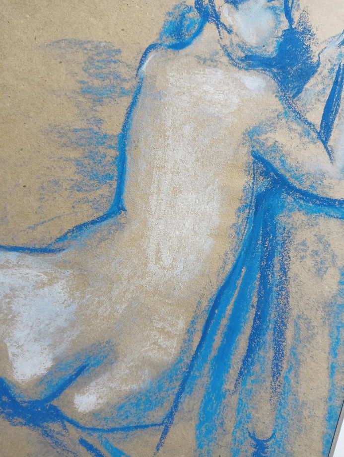 Обнаженная натура в голубых тонах - вид со спины. Интерьерная картина в раме с паспарту.