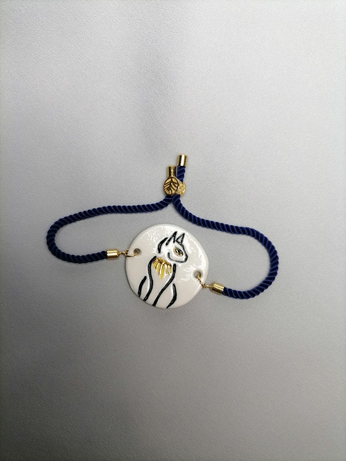 Браслет Bastet (Бастет) круглый на цепочке со стопером (фарфор+золото)