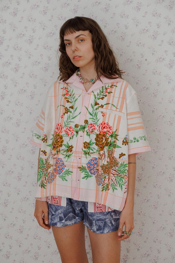 Розовая Рубашка в Цветах/Pink Matter Short Sleeve Shirt
