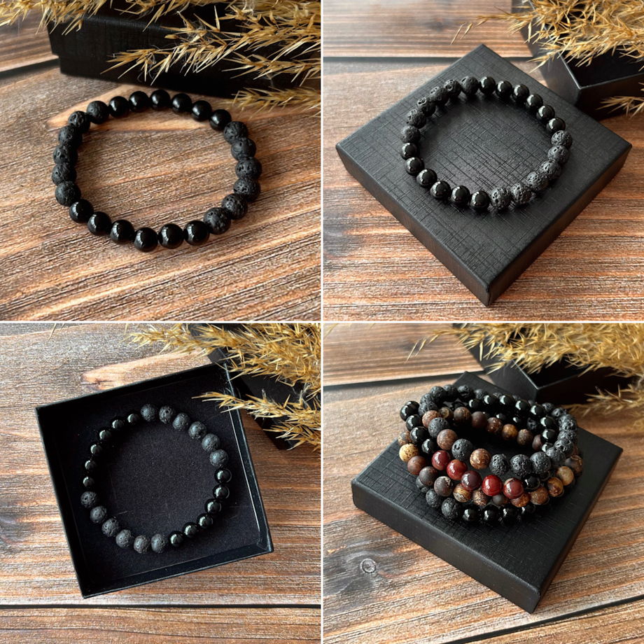 Браслет из бусин вулканической лавы, агата и яшмы