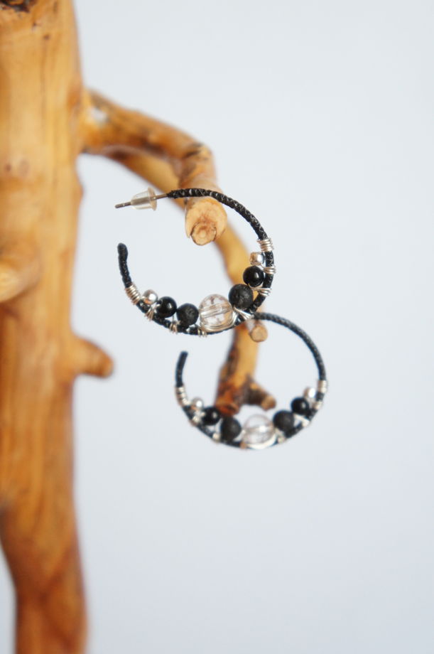 Серьги кольца конго плетеные горный хрусталь кварц оникс