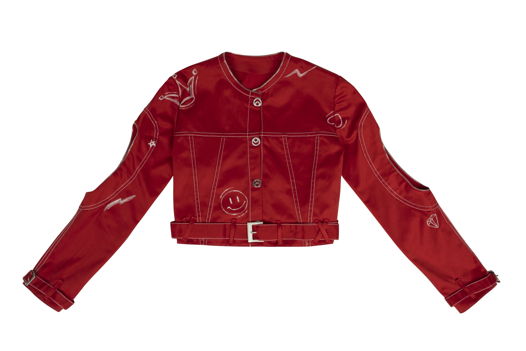Куртка красного оттенка, декорированная молниями и ручной росписью