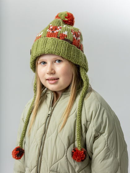 Зеленая детская зимняя шапка "Лисичка" из 100%ной мягкой шерсти