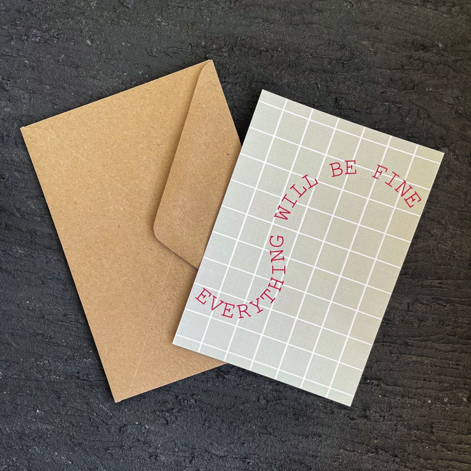 Открытка формата А6 из бумаги с текстурой льна "Everything will be fine" с крафтовым конвертом