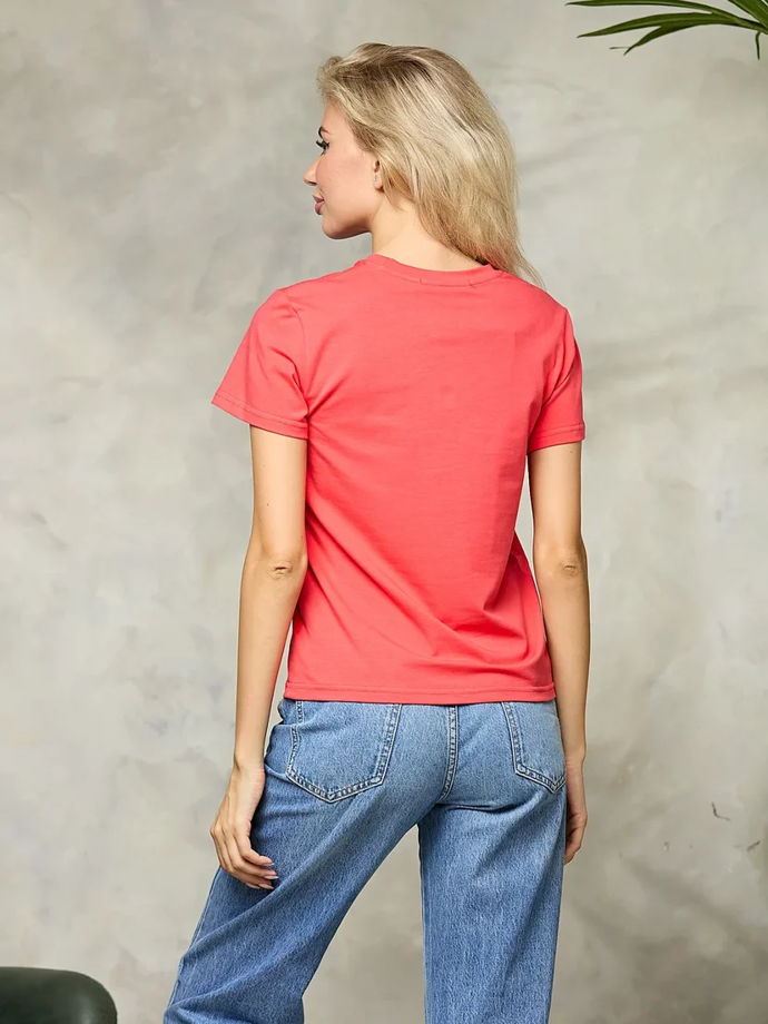 Коралловая базовая однотонная женская футболка с коротким рукавом