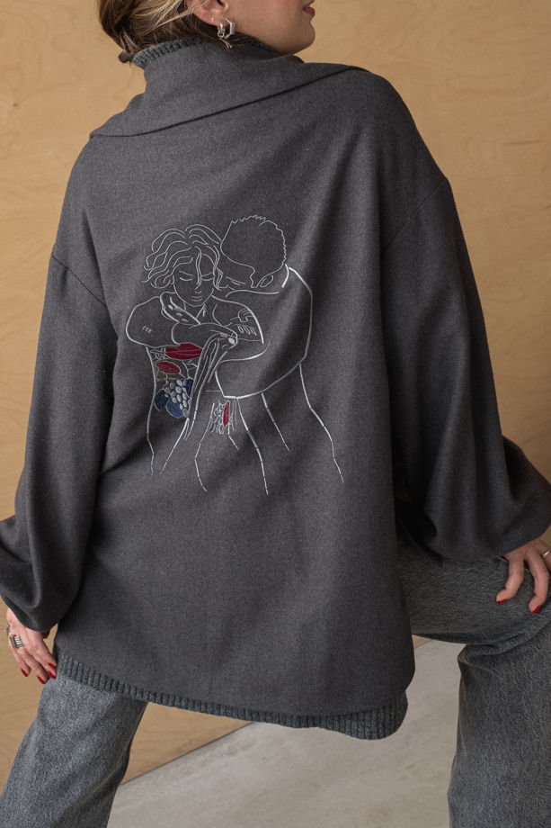 Фланелевое полупальто «ЭЛИЗАБЕТ» темно-серого цвета с вышивкой