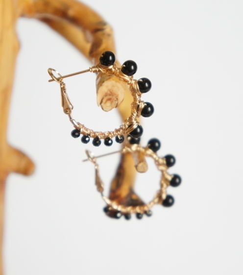 Серьги кольца конго wire wrapped черный оникс черный агат