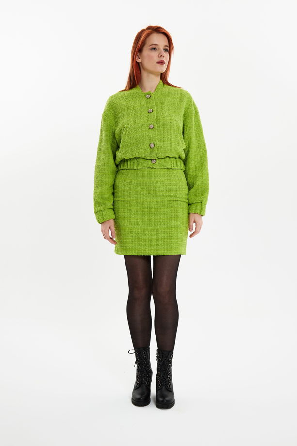 Твидовый куртка-бомбер и мини-юбка для женщин лимонно-зеленого цвета