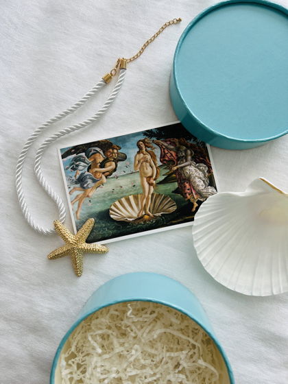 Подарочный набор бокс "Venus 1" в шляпной коробке цвета морской лагуны, украшение на шею в виде морской звезды, ракушка и открытка