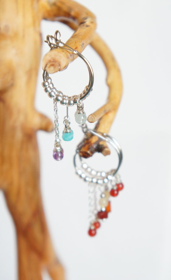 Серьги кольца конго аквамарин амазонит аметист с цепочками