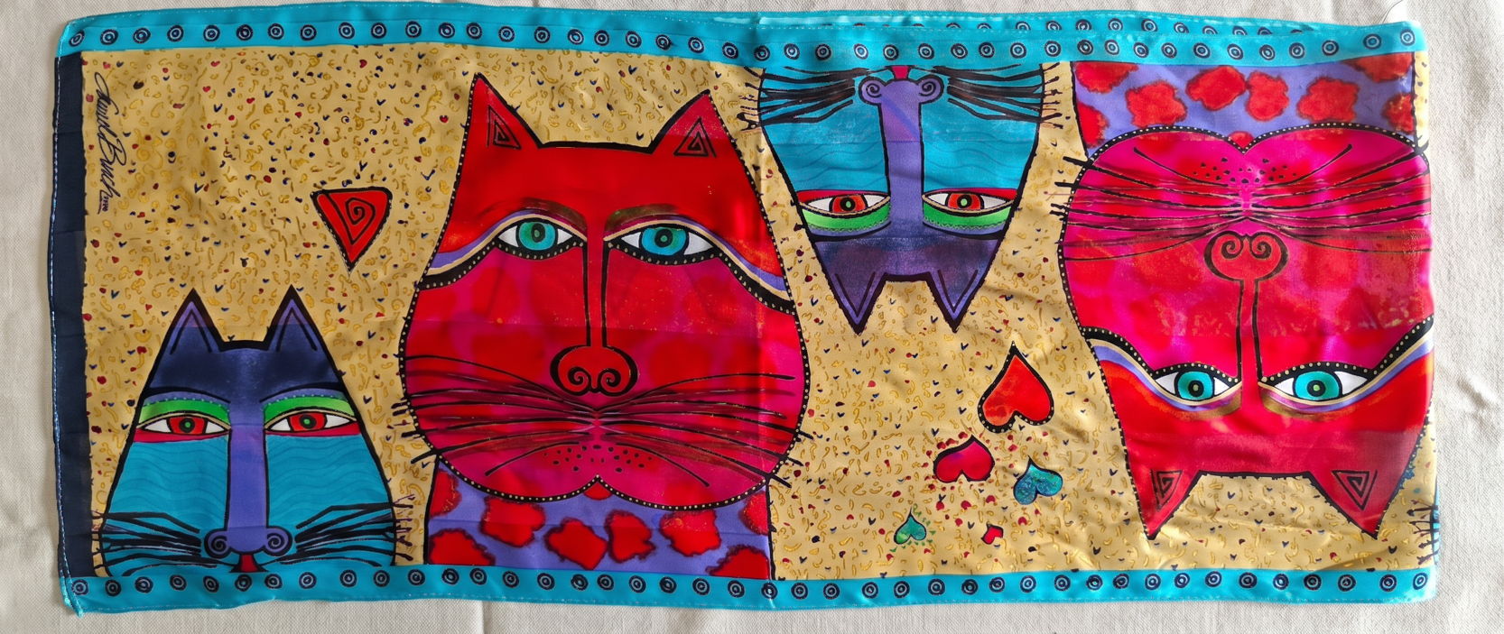 Шёлковый шарф Laurel Burch Коты и сердца 100% шёлк