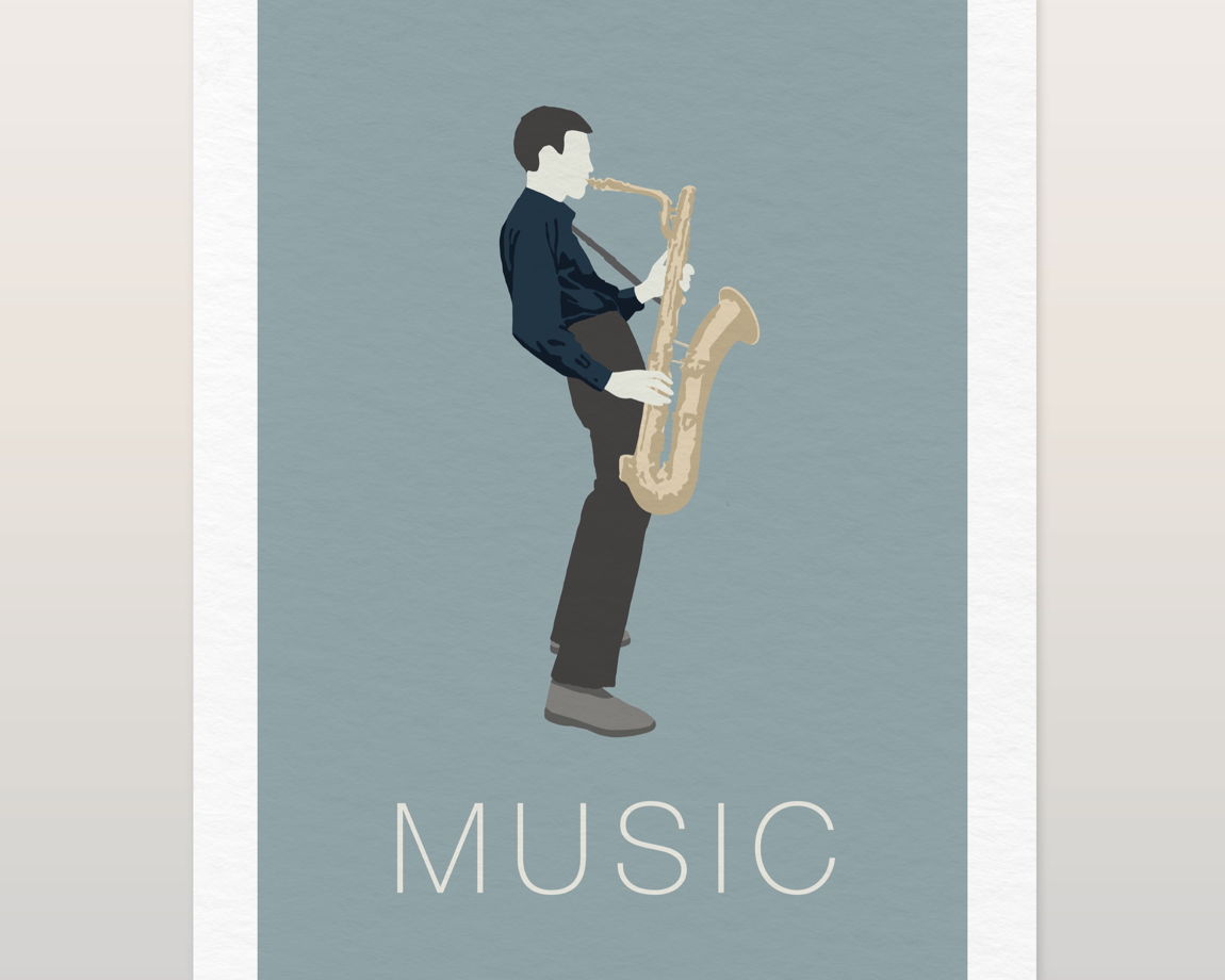 Дизайнерская открытка "Музыка: саксофон" формата 10х15см