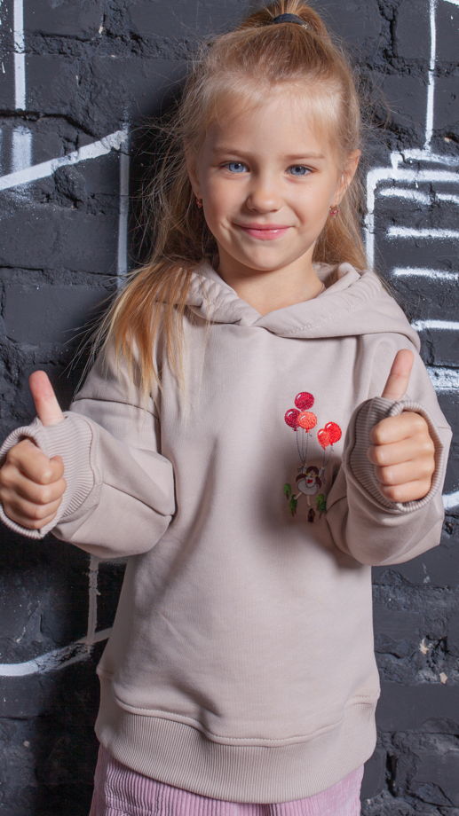 Детская толстовка оверсайз с капюшоном с вышивкой "шарики" материал футер, 100% хлопок, цвет бежевый