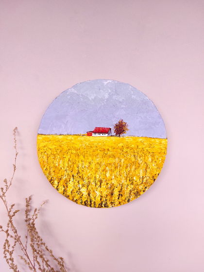 Картина на холсте в желтом поле, мастихин, диаметр 20 см