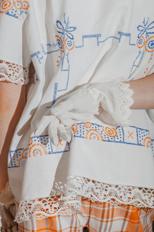 Рубашка с Цветами и Кружевом/Blue Flowers and Lace Short Sleeve Shirt