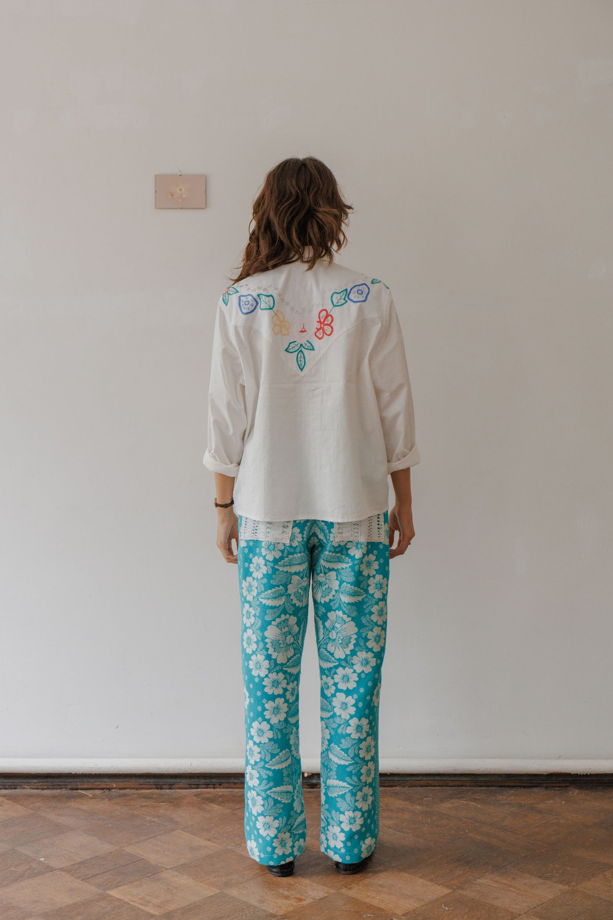 Рубашка Белая с Цветами/White + Flowers Long Sleeve Shirt