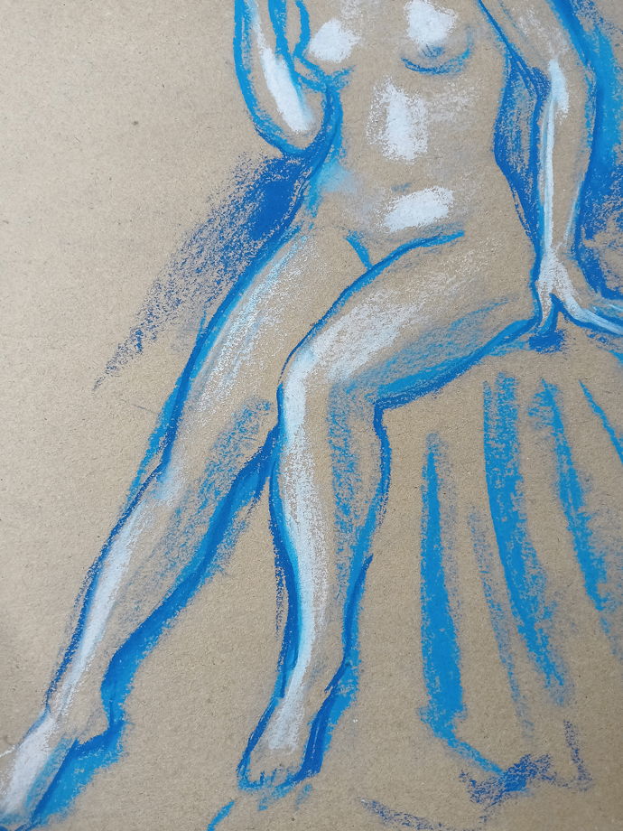 Обнаженная натура в голубых тонах. Интерьерная картина в раме с паспарту.