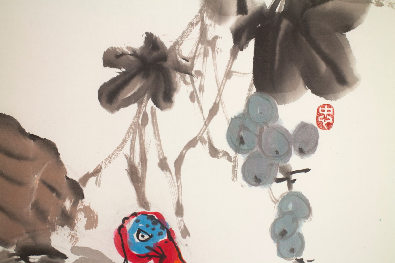 "Индюк и осенний виноград", картина в традиционном китайском стиле се-и (68* 47 см)