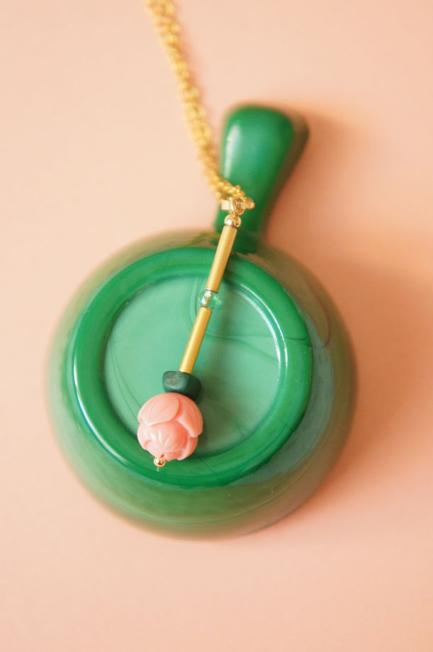 Кулон цветок роза лотос розовый коралл малахит шпинель