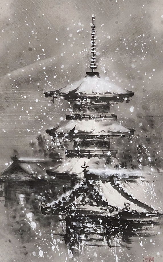 "Зима в Киото", картина в стиле японской живописи тушью, шелковый свиток (100x40 см)