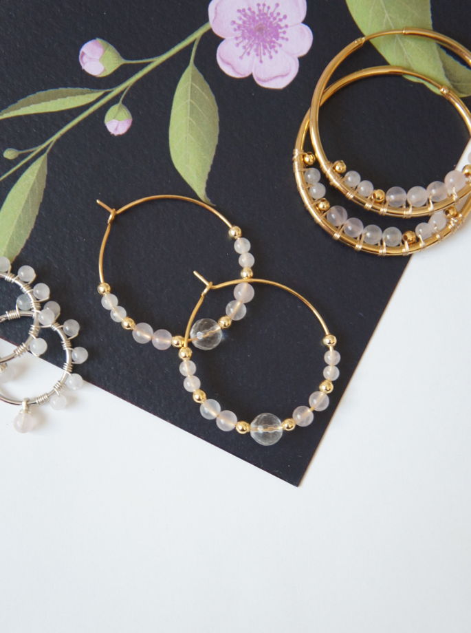 Позолоченные серьги кольца конго с розовым кварцем