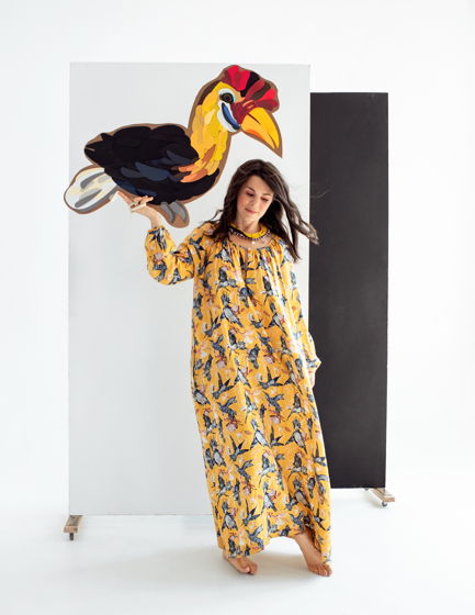 Платье Тюльпан с принтом «Желтые птицы»