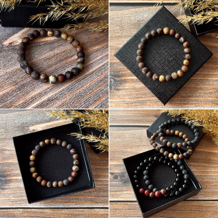 Браслет из бусин вулканической лавы, агата и яшмы