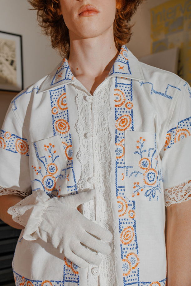 Рубашка с Цветами и Кружевом/Blue Flowers and Lace Short Sleeve Shirt