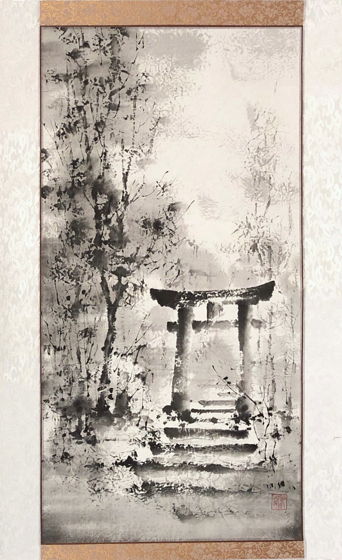 "Ворота тории", картина в стиле японской живописи тушью, шелковый свиток (110x50 см)