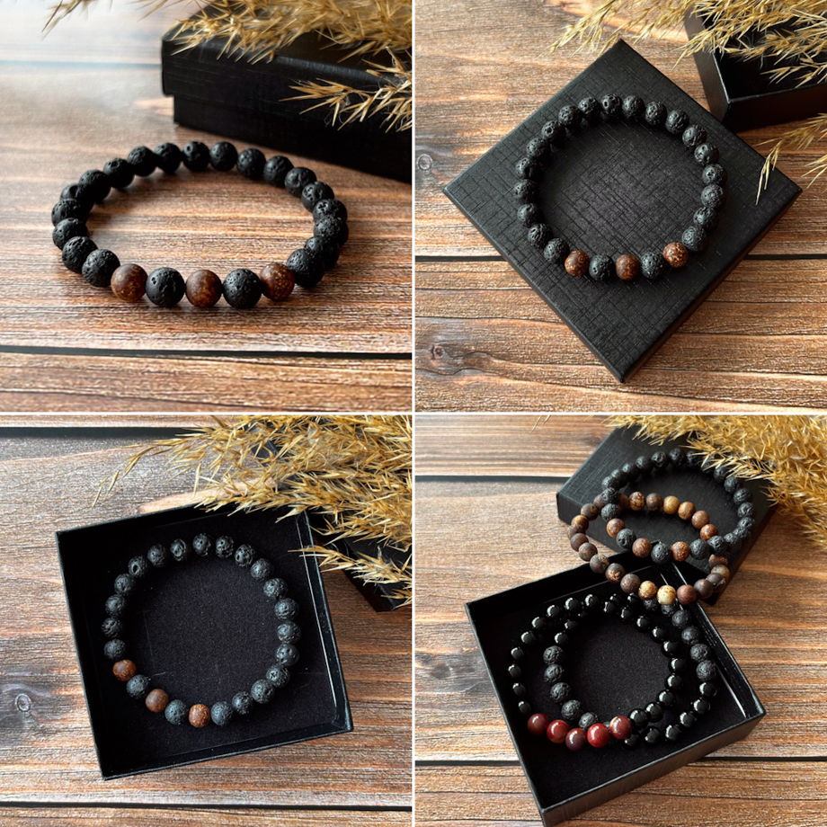 Браслет из бусин вулканической лавы, агата и яшмы