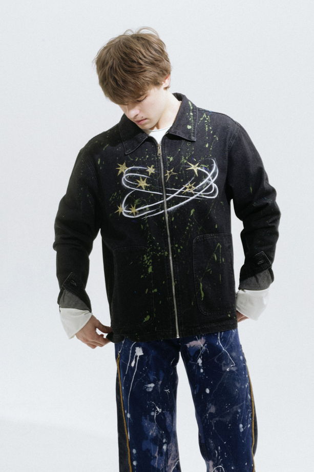 Куртка "Головокружение" черная из 100% хлопка с росписью, нанесенной вручную.