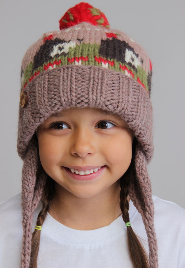 Коричневая детская зимняя шапка "Ежики" из 100%ной мягкой шерсти с флисовым подкладом